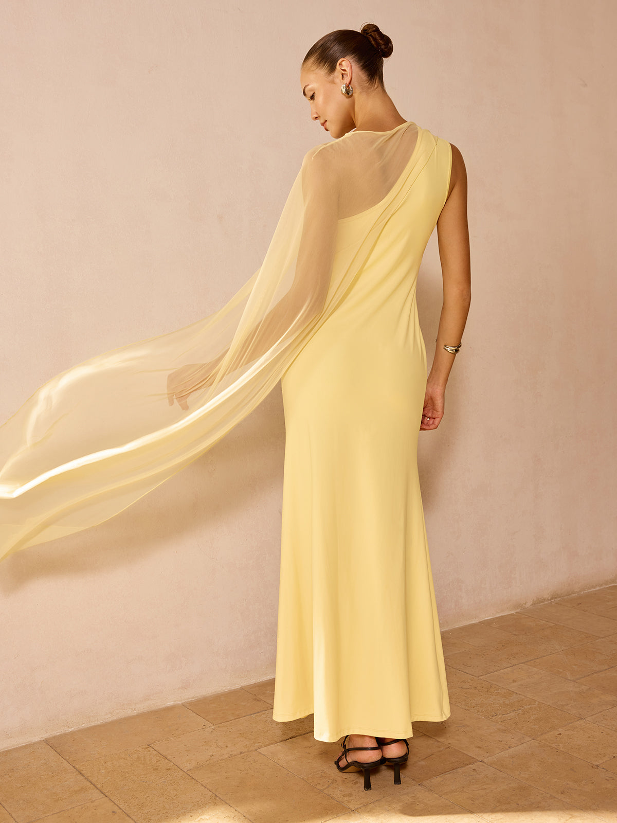 Sheer Drape Slim Maxi Evening Dress Elegant Long Formal Gown