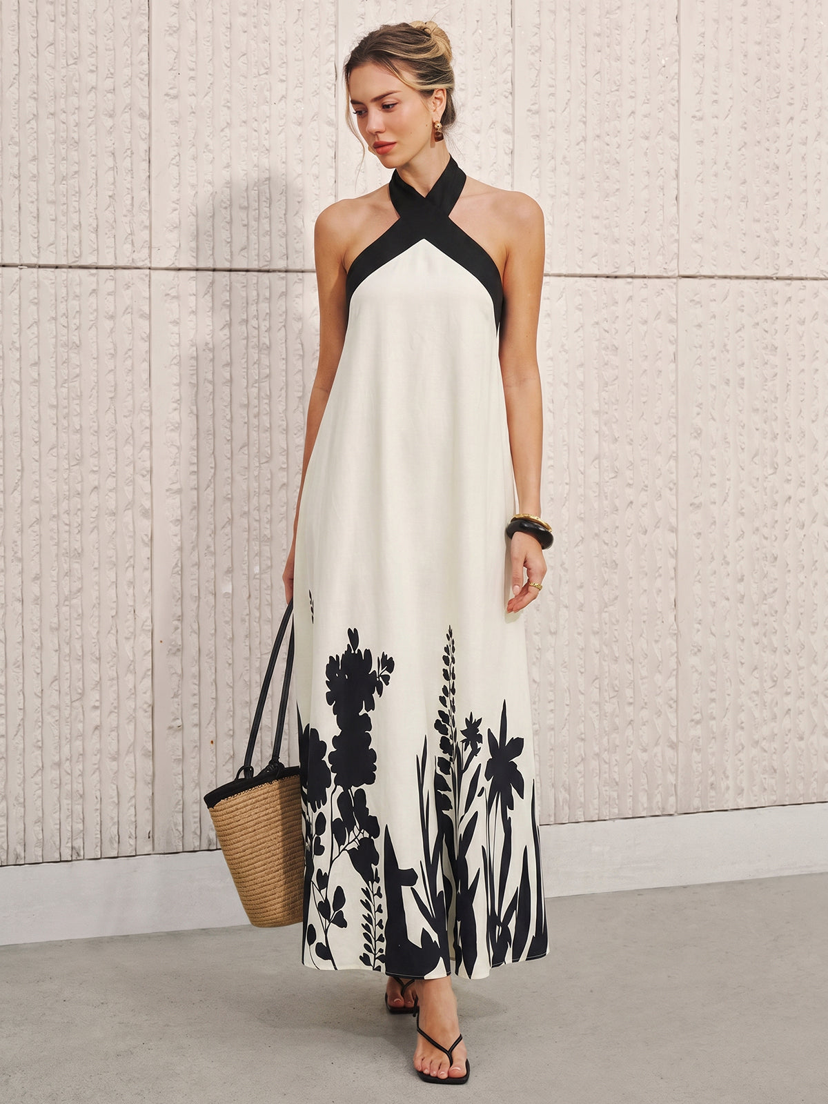 Halter Neck Floral Print Midi Dress for Summer Weddings