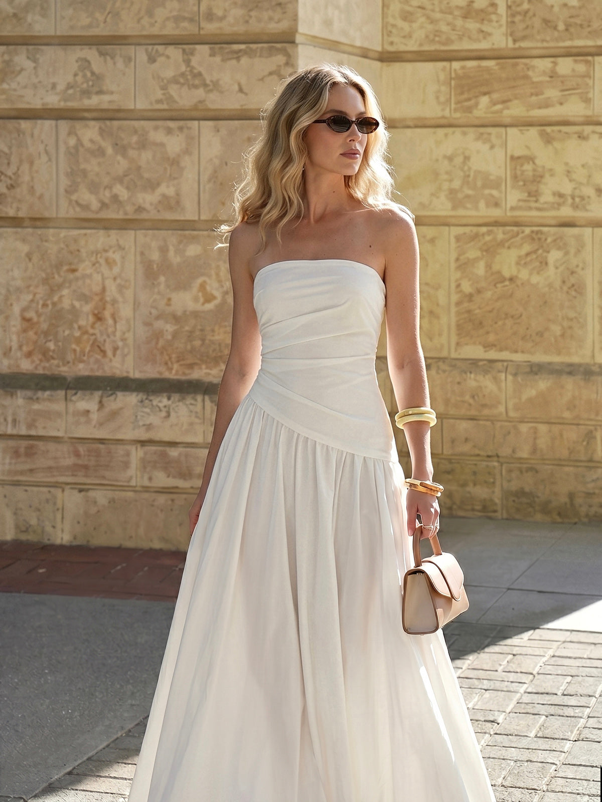 Strapless Ruched Flowy Maxi Dress Elegant Wedding Guest Outfit