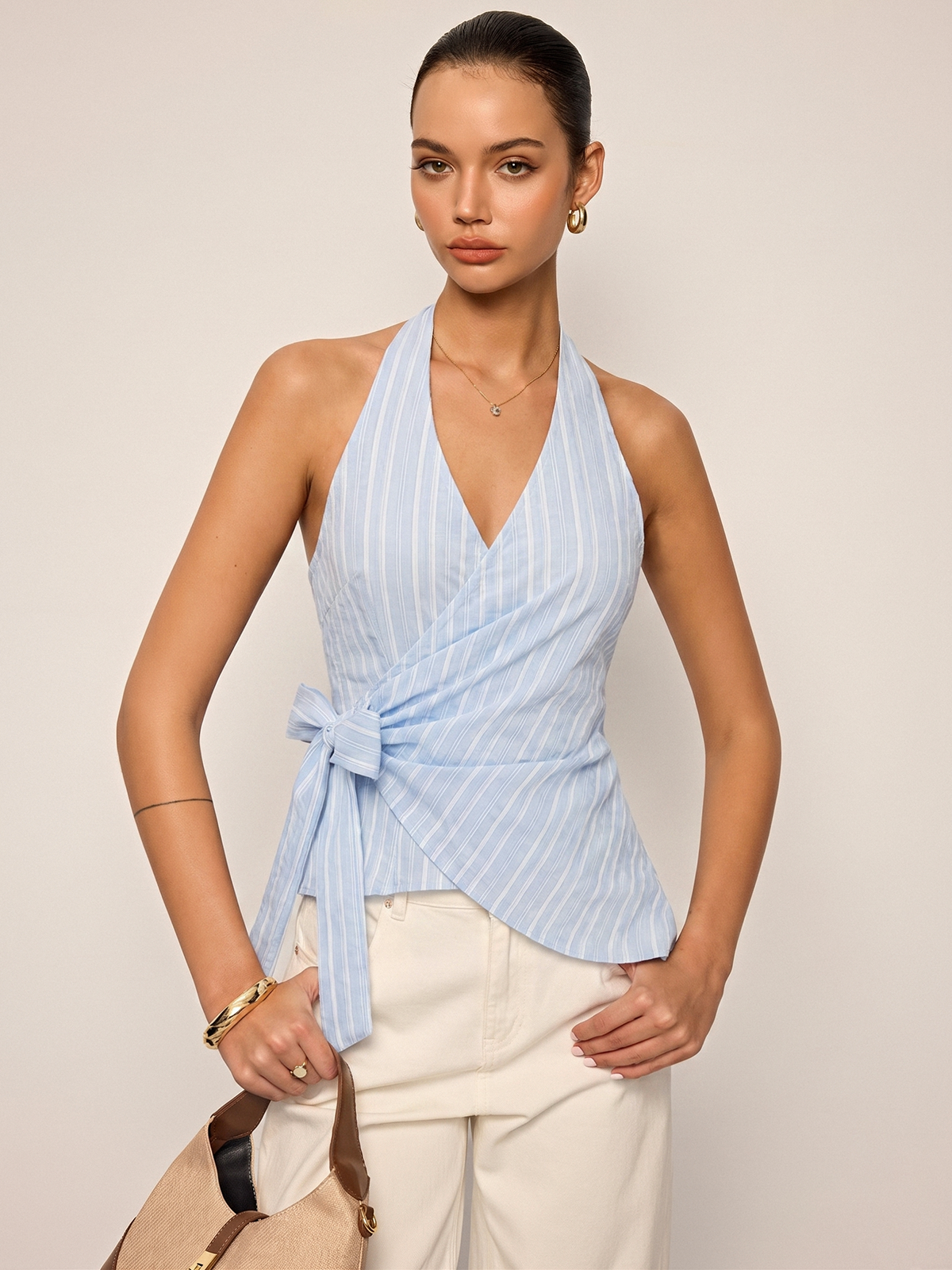 Striped Wrap Halter Tie-Waist Top Women's Casual Summer Blouse