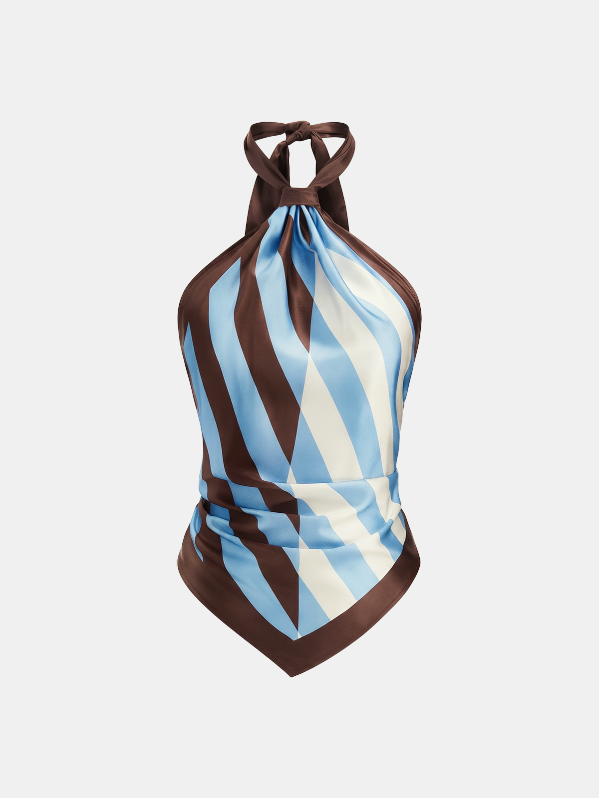 Geometric-stripe satin halter top with asymmetric hem, scarf-style cut, and adjustable neck tie.