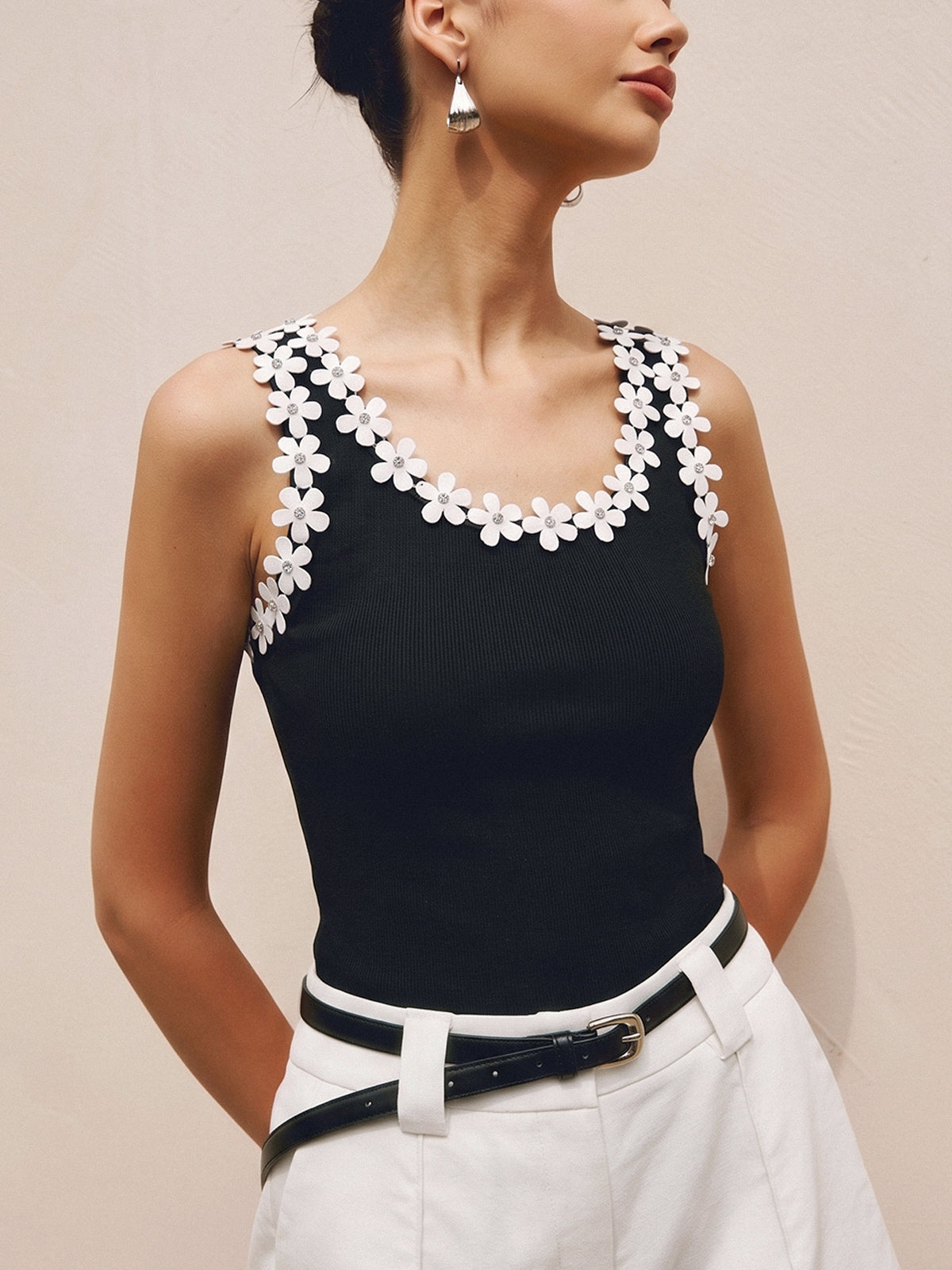 Floral Trim Ribbed Cami Top - Women's Stylish Summer Basic