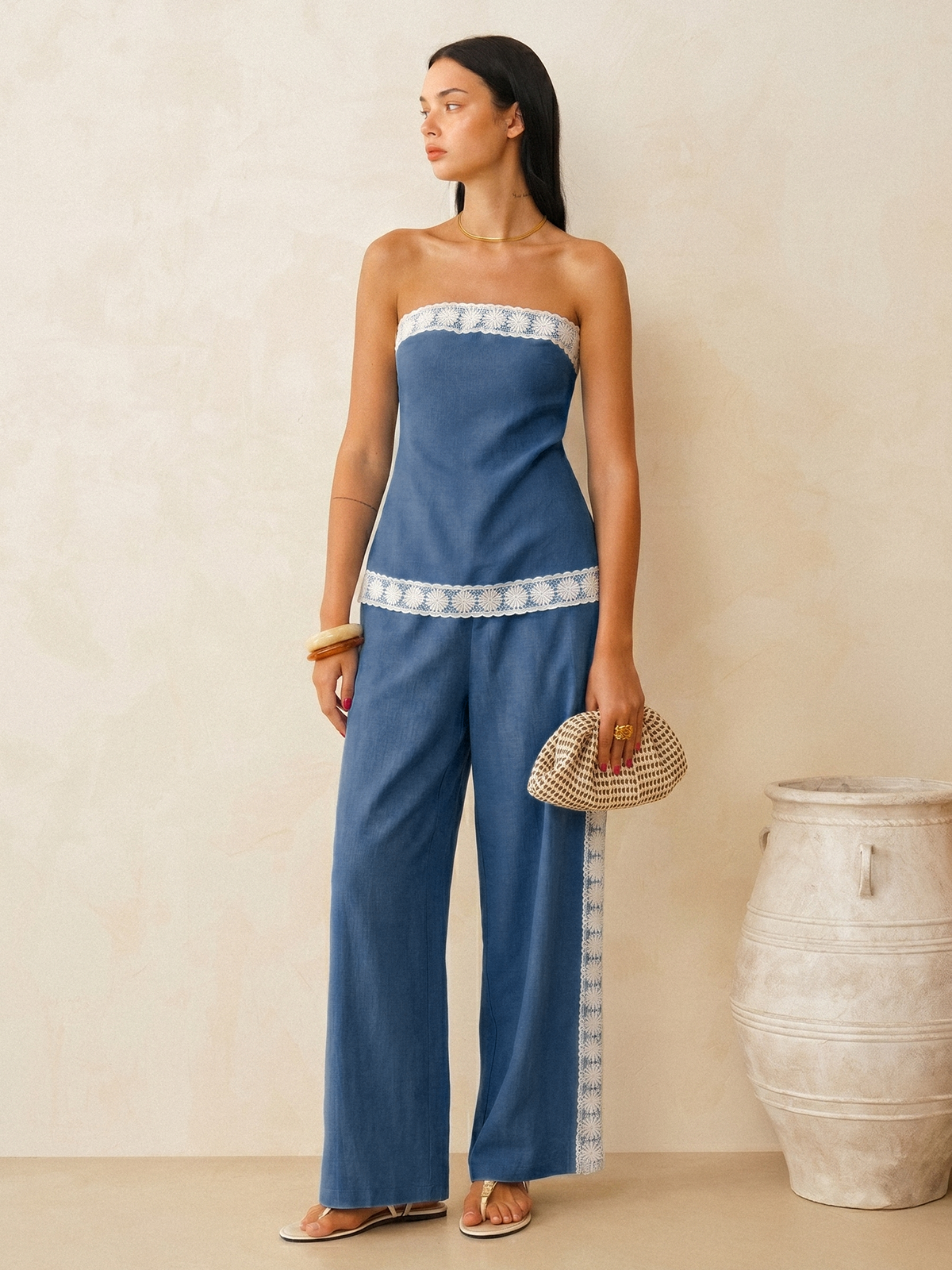 Linen Blend Lace Trim Top & Pants Set for Women Spring/Summer Fashion