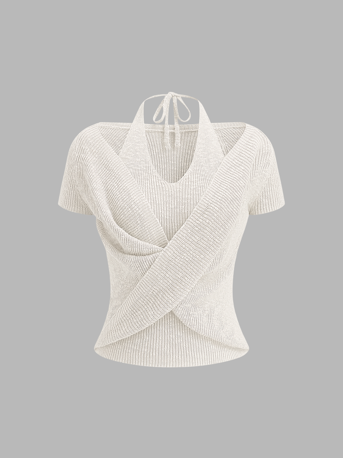 Halter Wrap Short Sleeve Knit Top Comfort Fit Casual Style