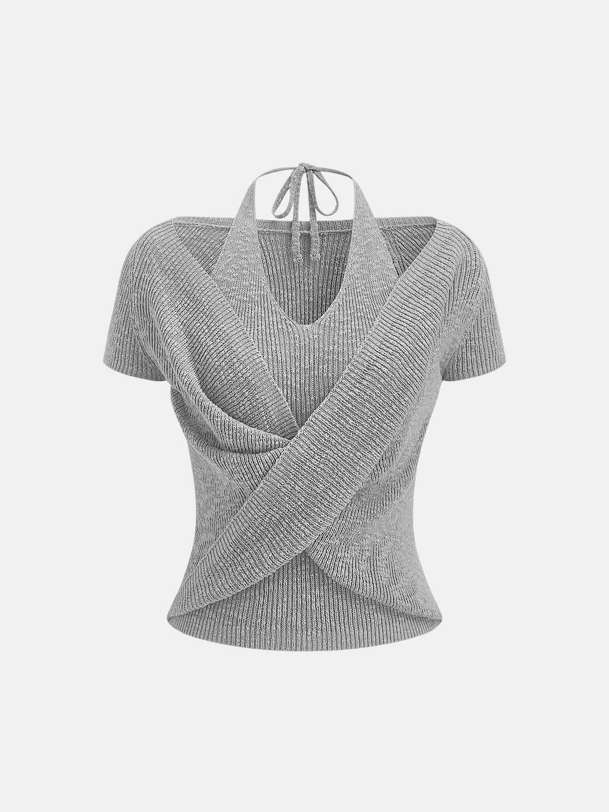 Halter Wrap Short Sleeve Knit Top Comfort Fit Casual Style