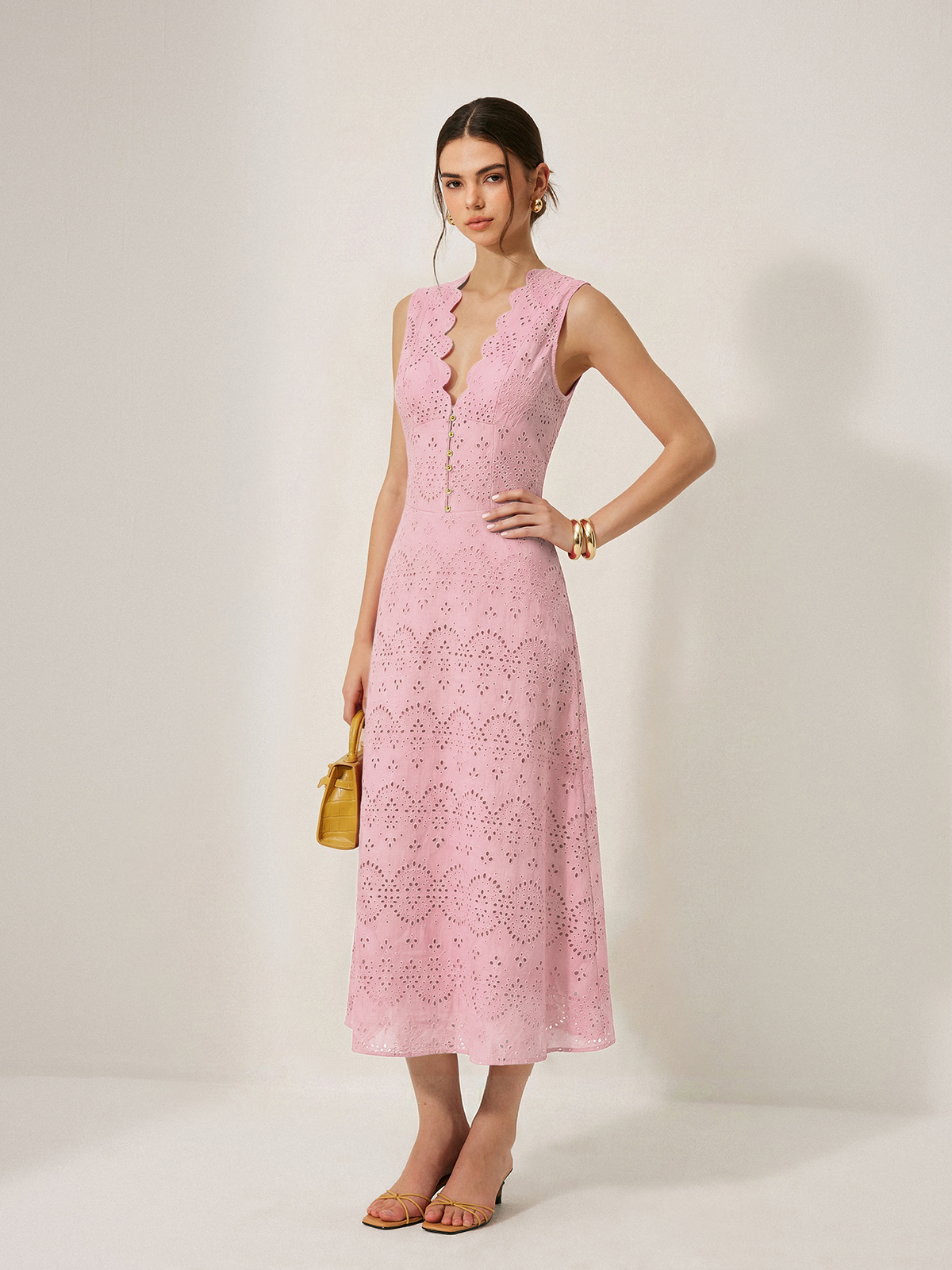 Cotton Sleeveless Embroidered Eyelet Dress with Deep V Neck for Summer Weddings