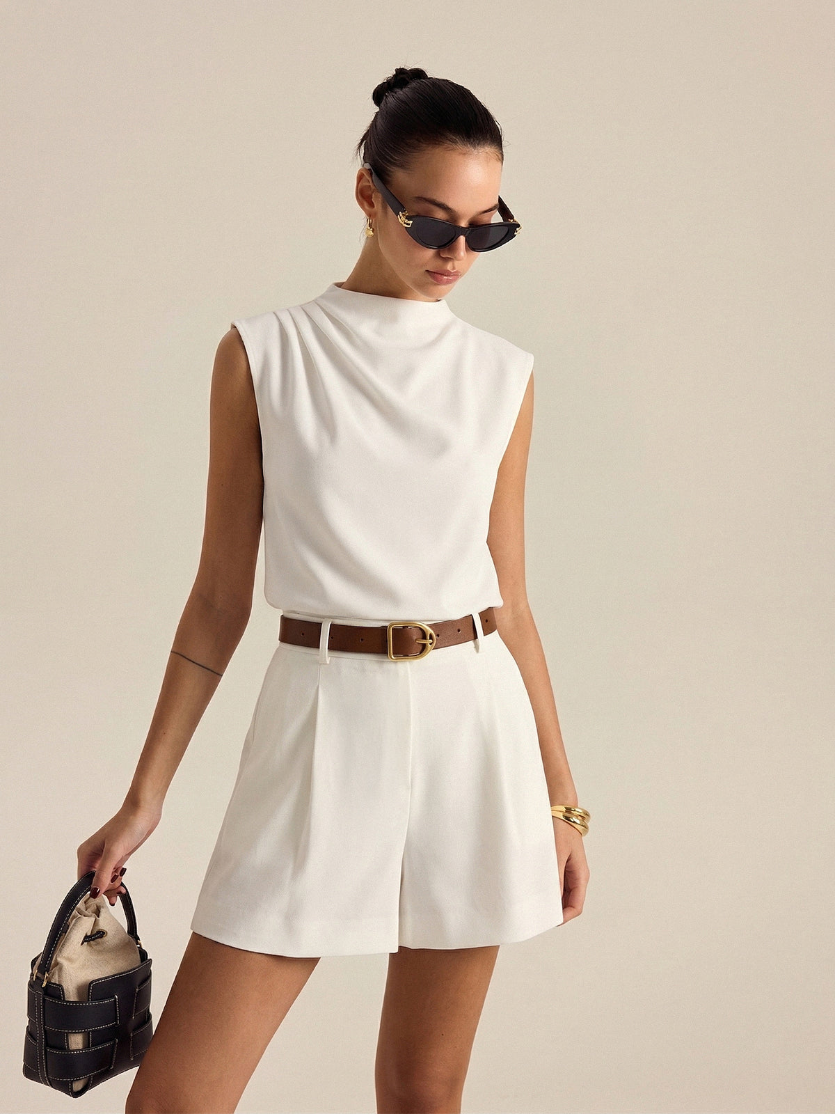 Draped Sleeveless Top & Belted Shorts Set for Women Summer Casual