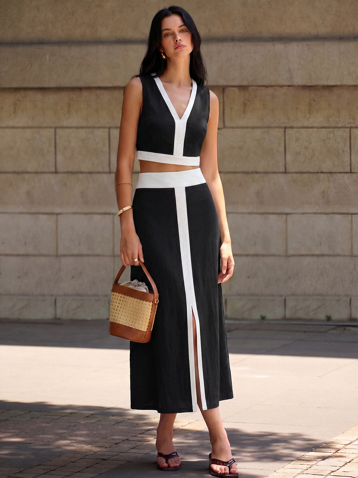 Contrast Trim Crop Top & Side Slit Midi Skirt Set for Women