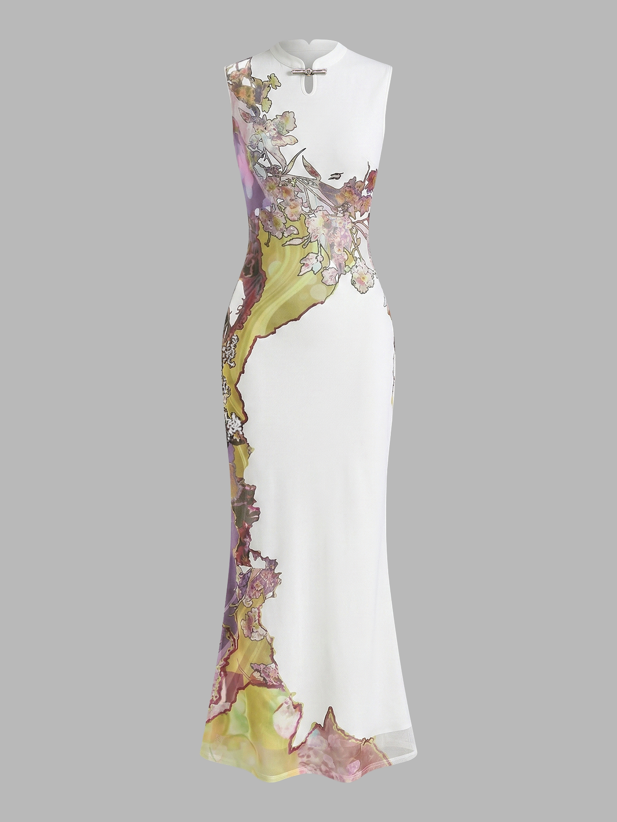 Sleeveless Floral Cheongsam Maxi Dress for Women Elegant Style