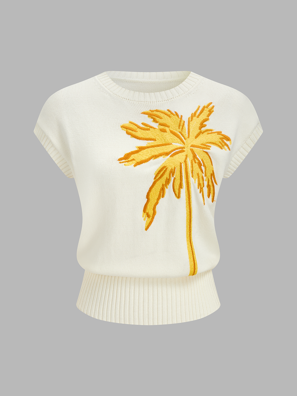 Embroidered Palm Tree Short Sleeve Casual Cotton Knit Top for Summer