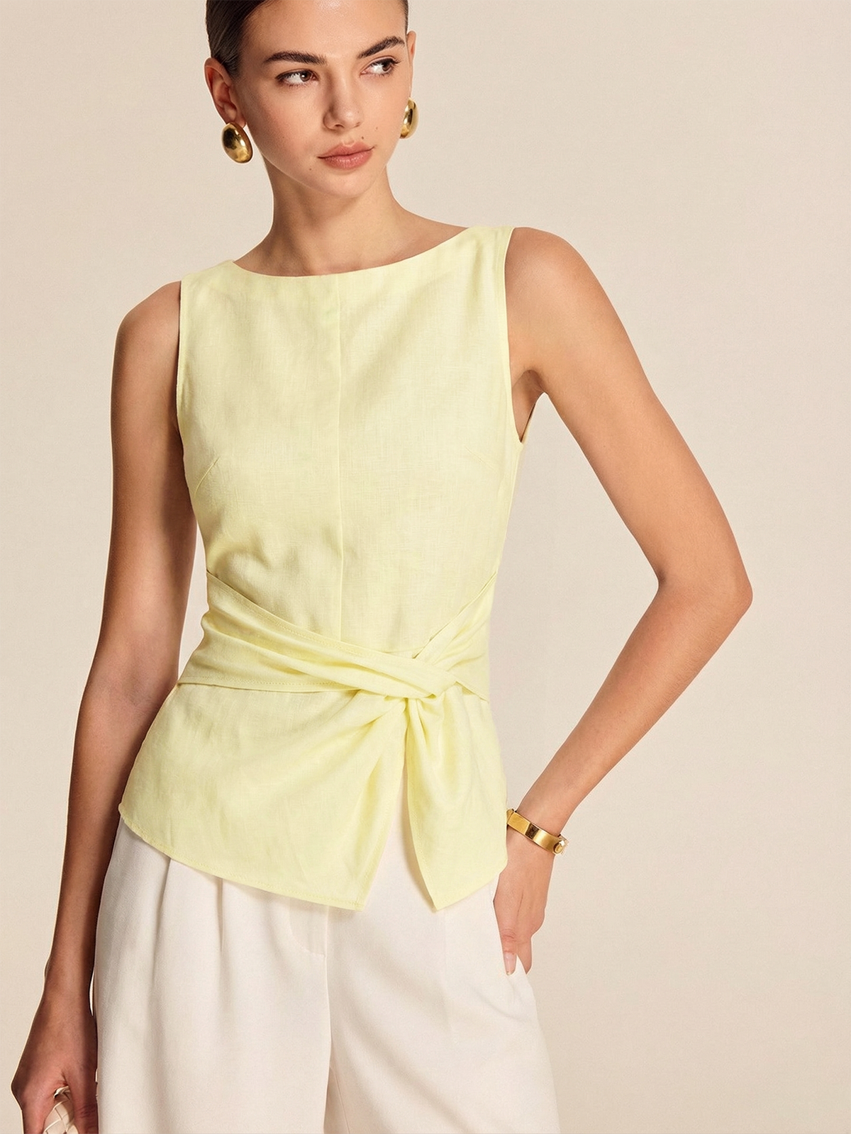 Twisted Waist Linen Blend Sleeveless Blouse for Summer Casual Wear