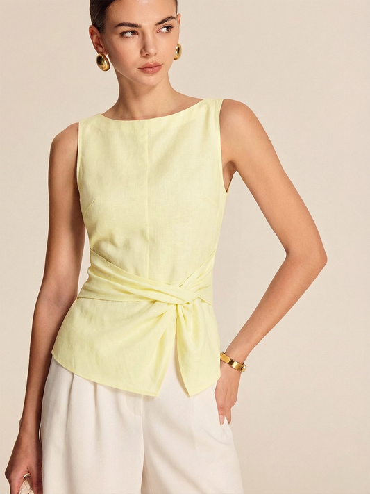 Twisted Waist Linen Blend Sleeveless Blouse for Summer Casual Wear