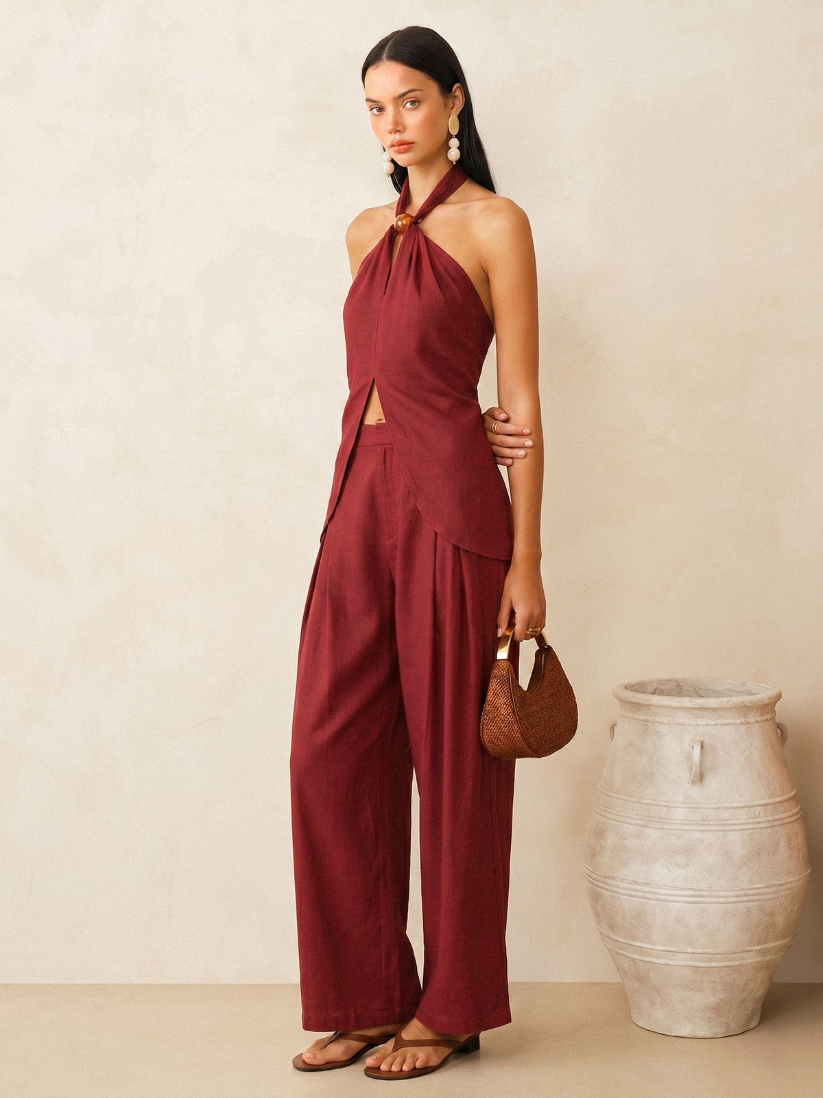 Linen-Blend Halter Top & Pants Set for Stylish Summer Wear