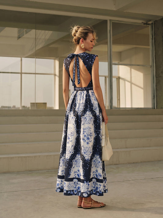 Backless Floral Print Maxi Dress for Summer Beachwear and Weddings