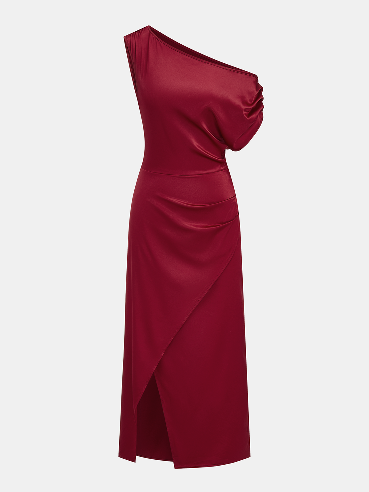 Satin One Shoulder Ruched Wrap Maxi Dress Elegant Evening Gown