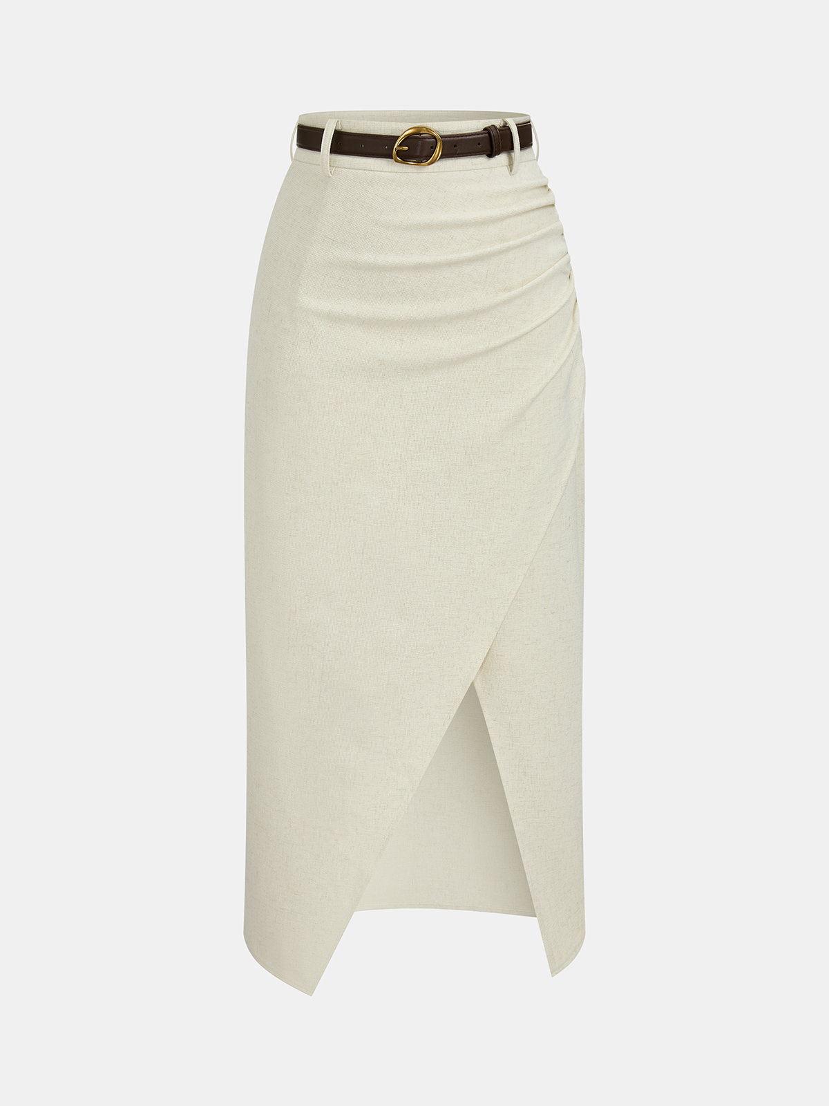 Belted Linen Blend Ruched Wrap Midi Skirt, Casual Summer Office Wear