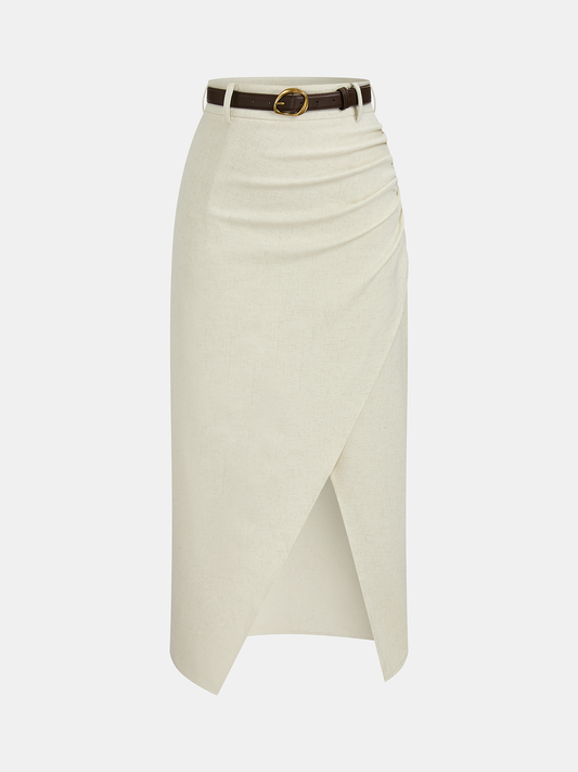 Belted Linen Blend Ruched Wrap Midi Skirt, Casual Summer Office Wear