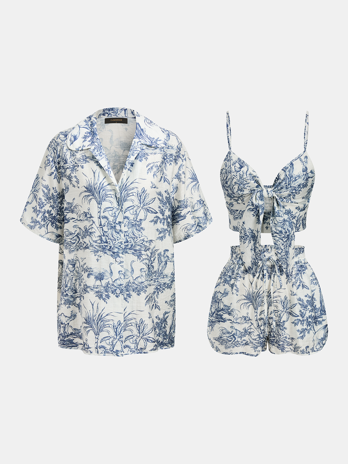 Toile Print Casual Three Piece Shorts Set for Women, Summer Outfit