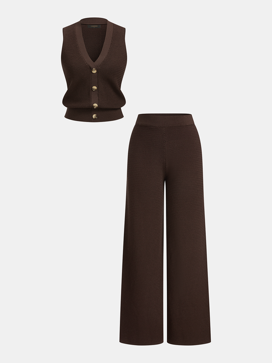 V Neck Button Down Knit Vest & Pants Set Casual Comfortable Outfit