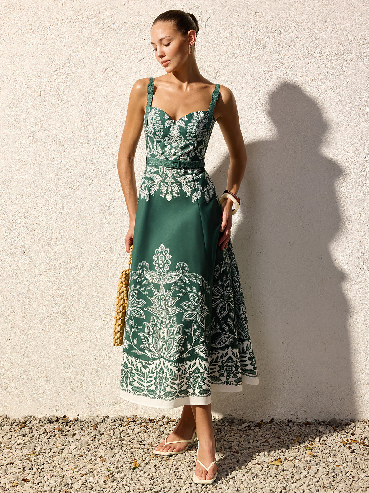 Baroque Floral Print Belted Cami Maxi Dress for Women Elegant Summer