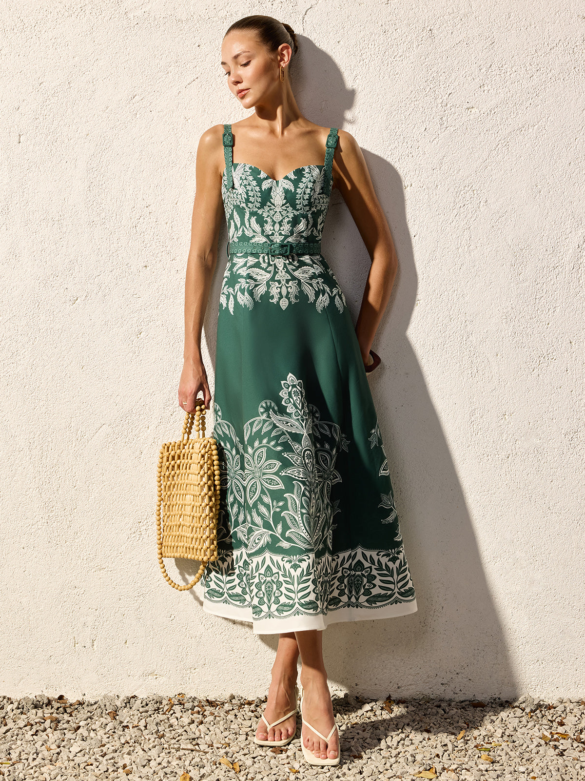 Baroque Floral Print Belted Cami Maxi Dress for Women Elegant Summer