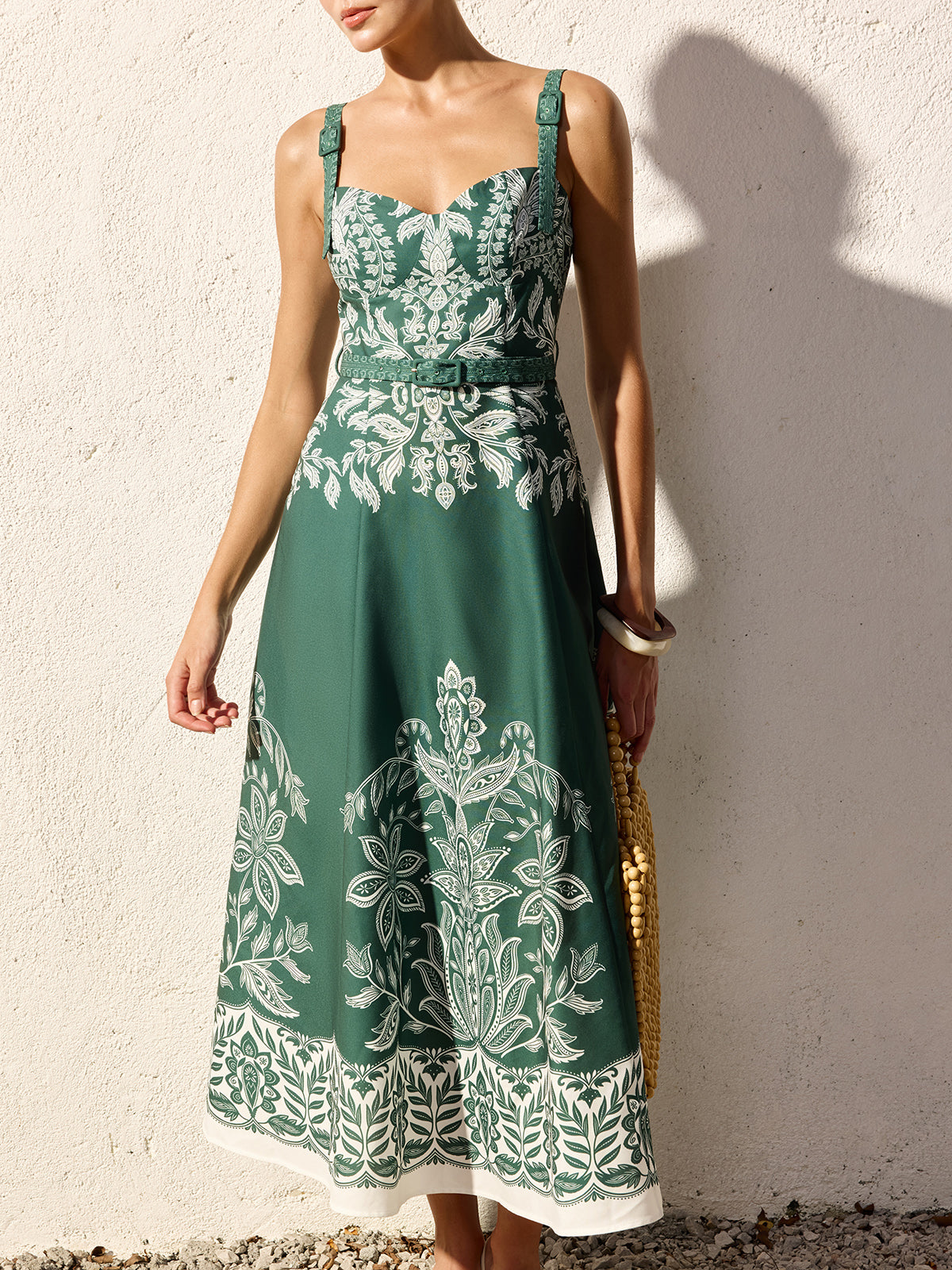 Baroque Floral Print Belted Cami Maxi Dress for Women Elegant Summer