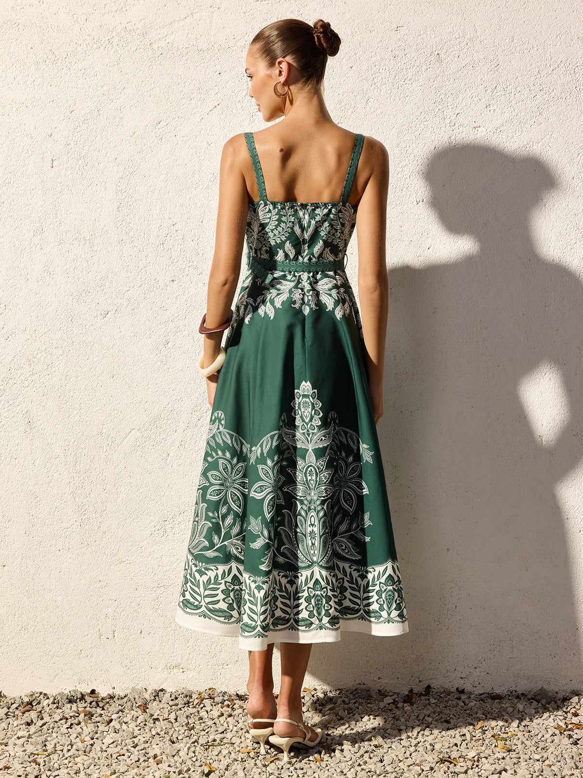 Baroque Floral Print Belted Cami Maxi Dress for Women Elegant Summer