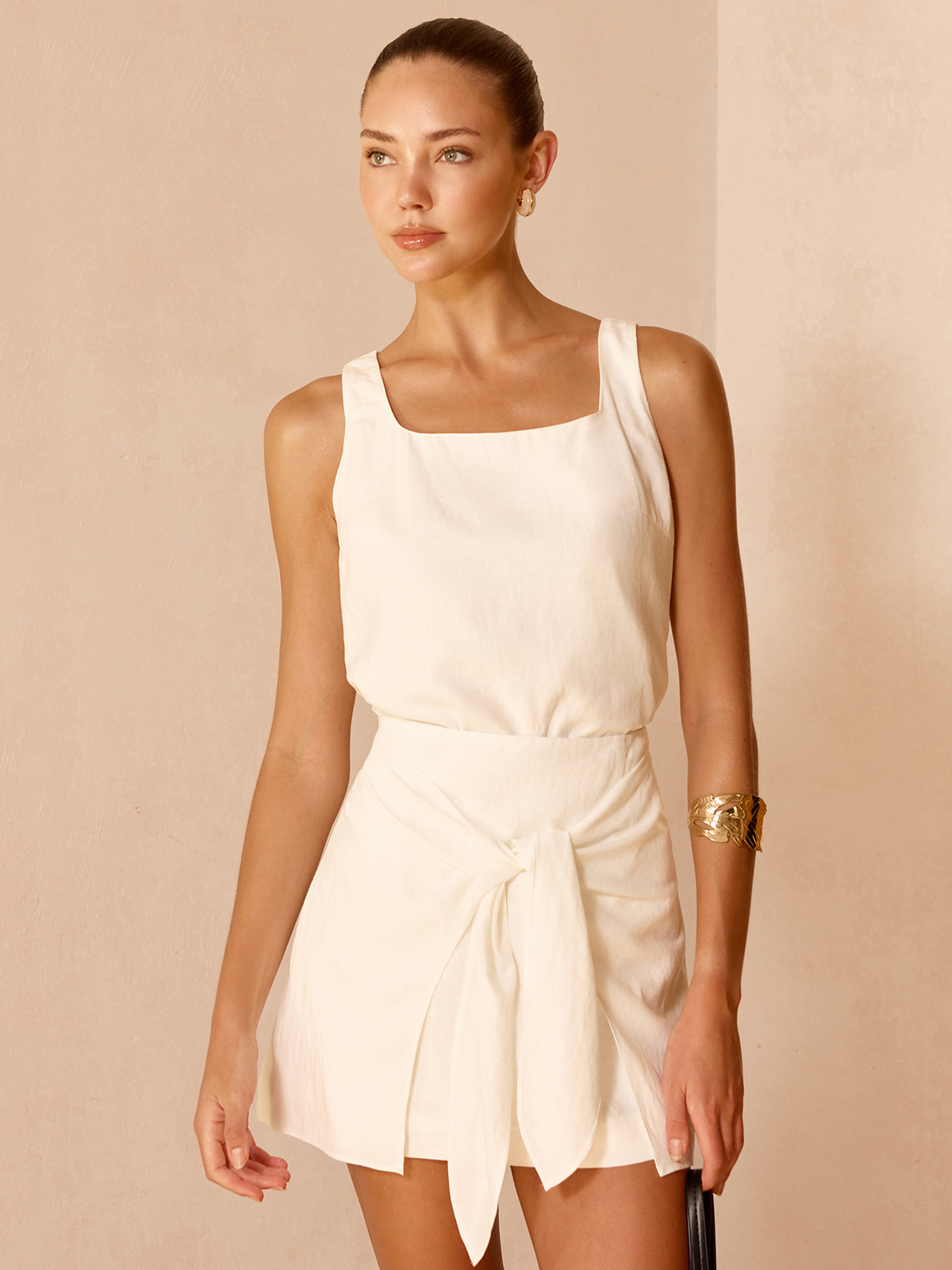 Linen Blend Top & Tie-Knot Skirt Set for Summer Casual Wear