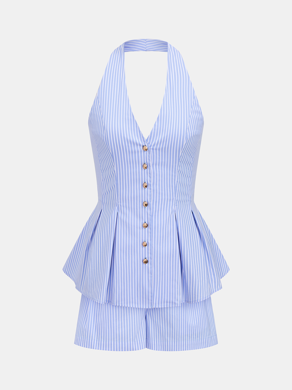 Cotton Striped Halter Peplum Top & Shorts Set for Summer Casual Wear