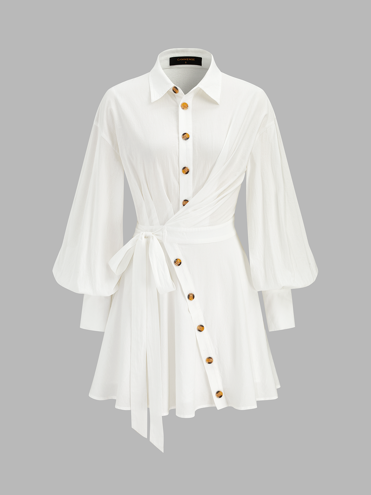 Cotton Tie-Waist Long Sleeve Shirt Dress with Pockets and Belt
