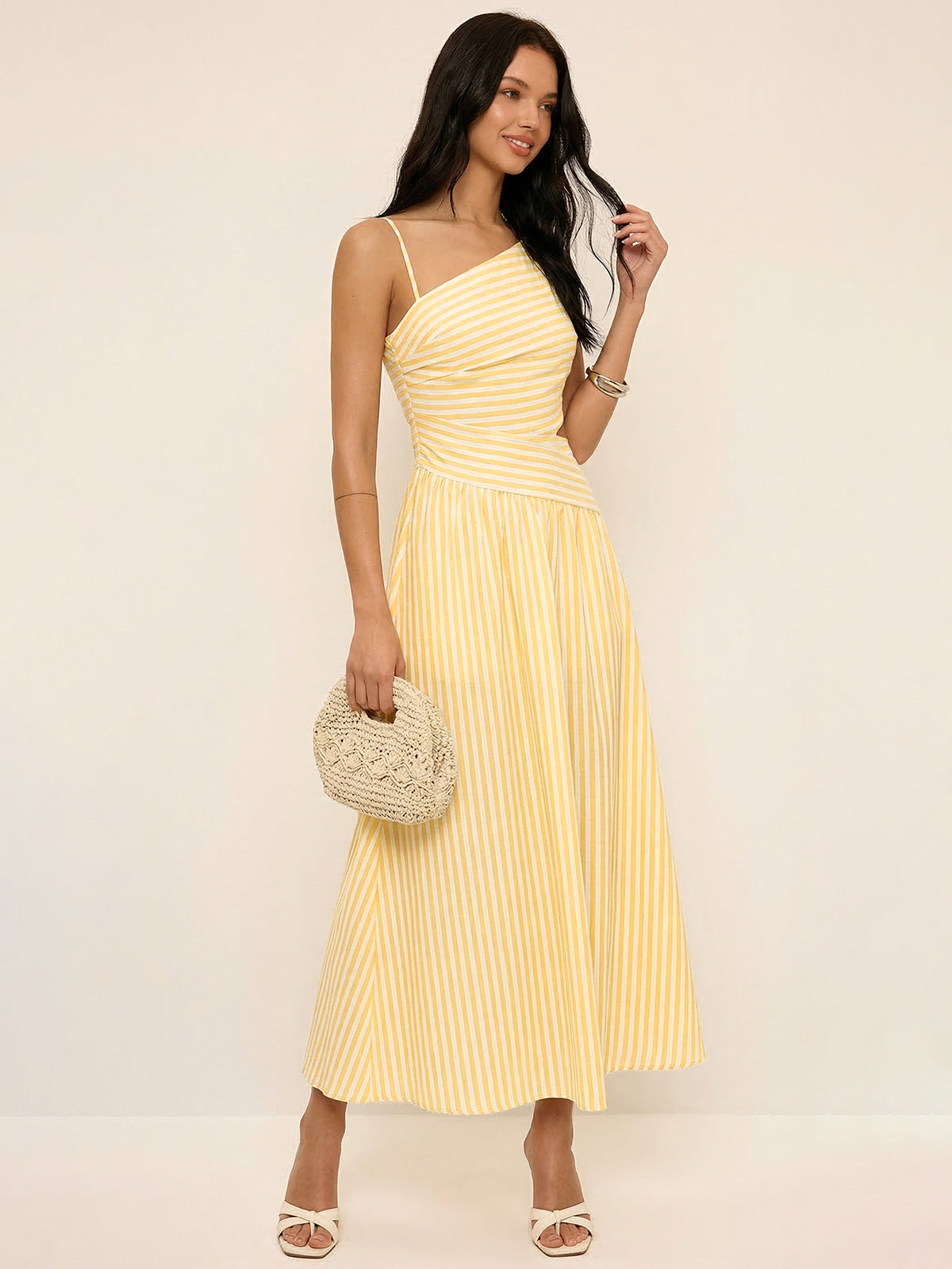 Striped Cut-Out Asymmetric Cami Maxi Dress for Summer Evenings