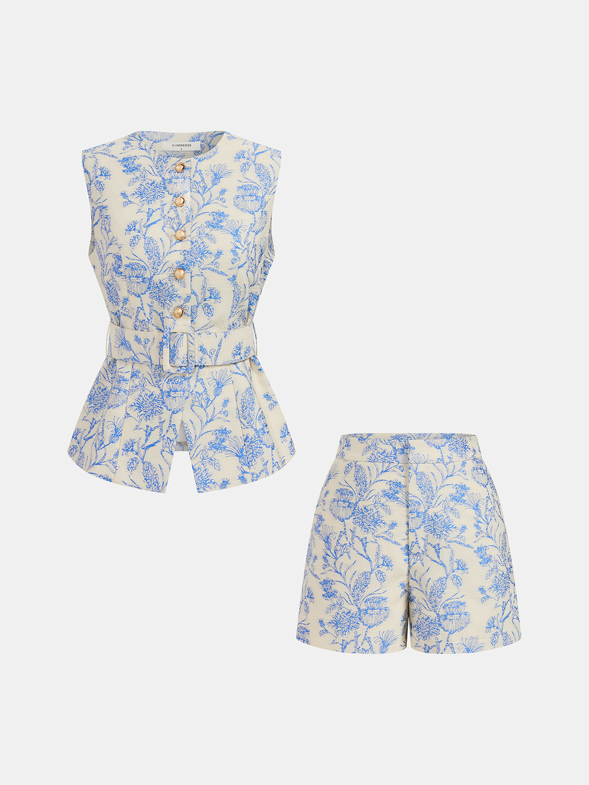 Belted Floral Jacquard Vest & Shorts Set for Women Spring Collection