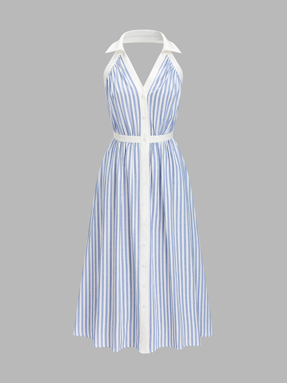 Striped Cotton Blend Collared Halter Midi Dress with Side Pockets and Belt