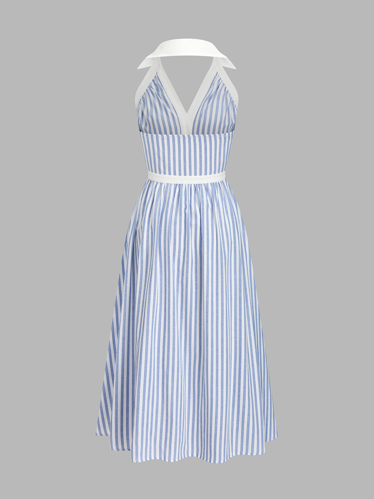 Striped Cotton Blend Collared Halter Midi Dress with Side Pockets and Belt