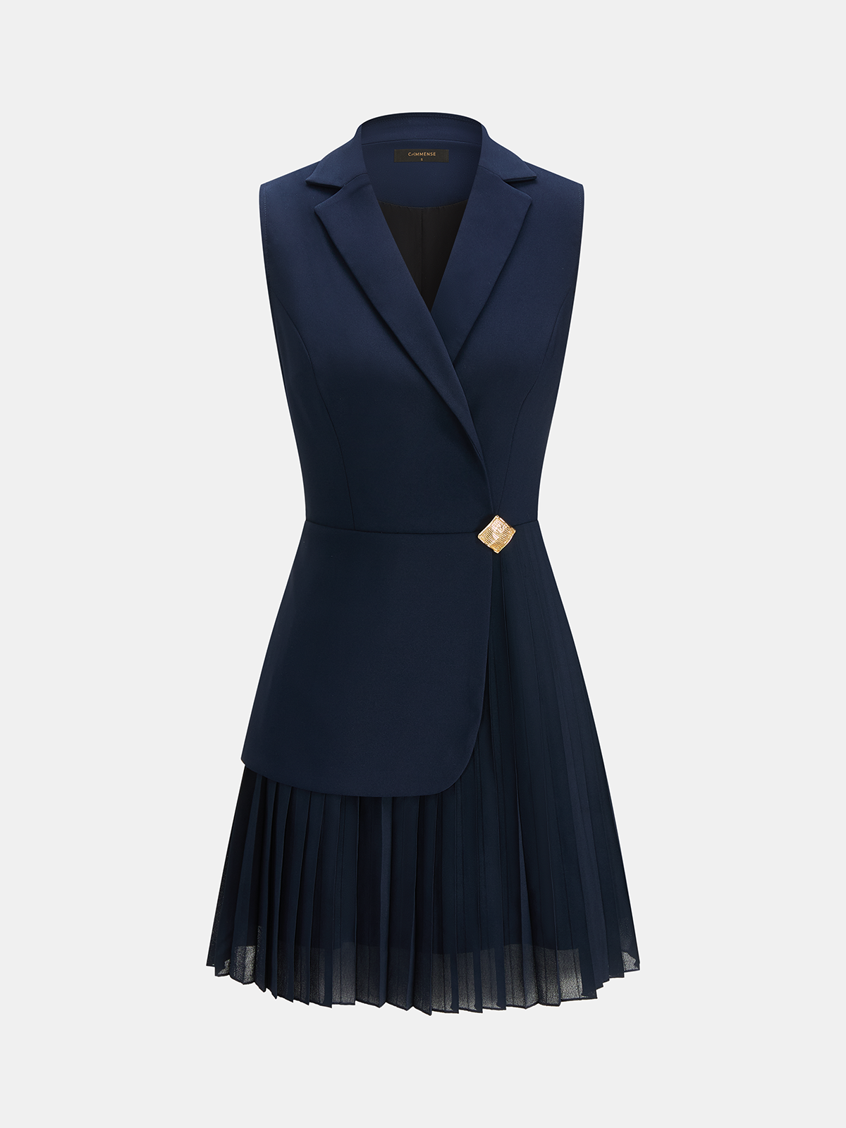 Blazer Style Pleated Mini Sleeveless Dress with Belted Waist