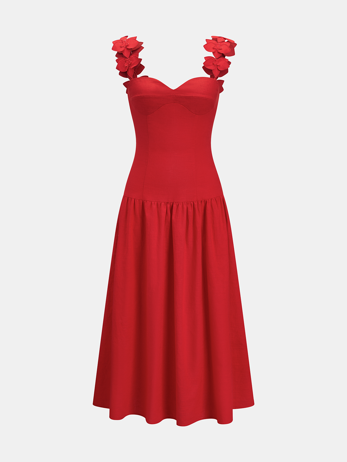 Flower Strap Cotton Linen Midi Dress With Back Zip Closure