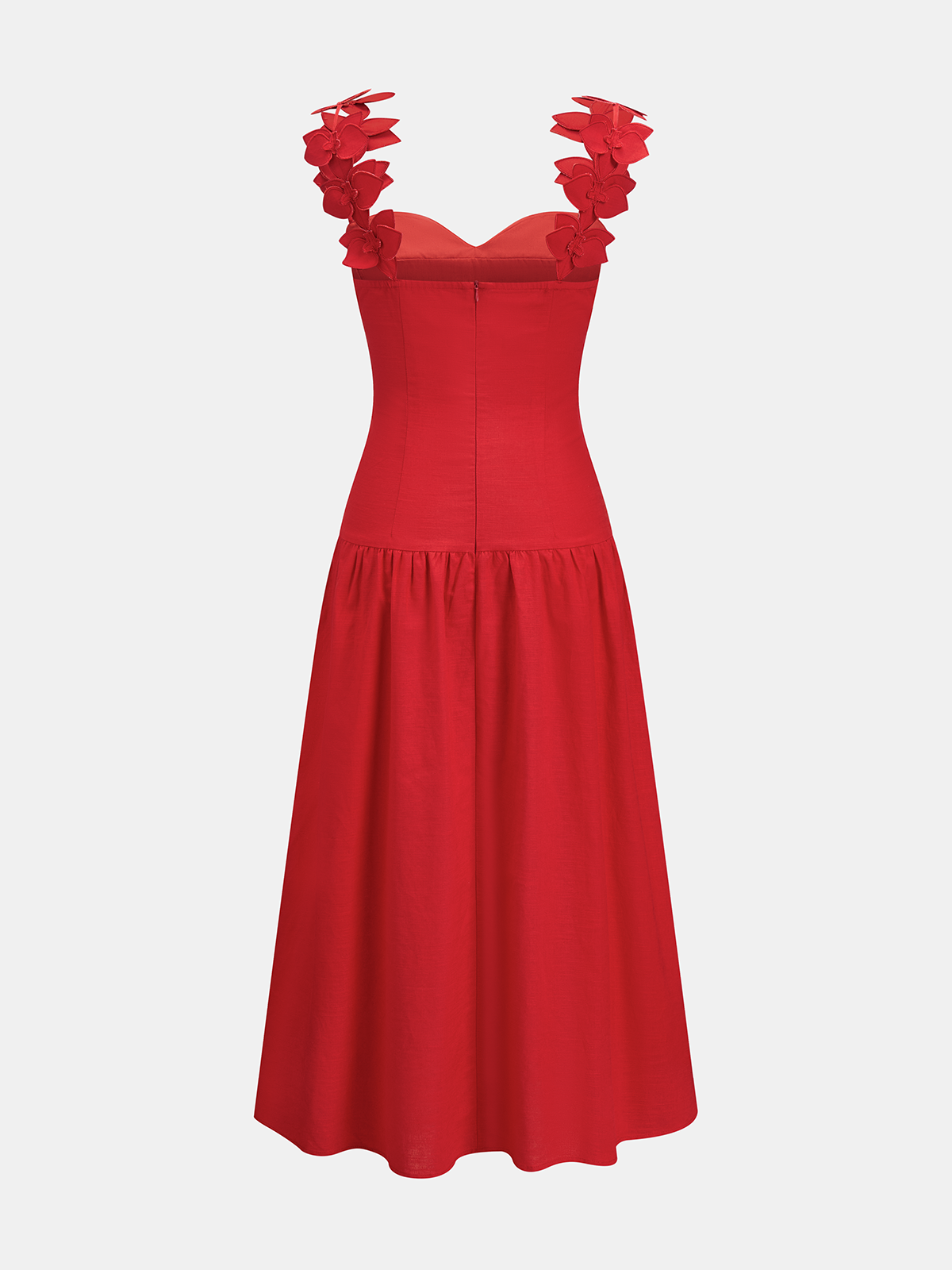 Flower Strap Cotton Linen Midi Dress With Back Zip Closure