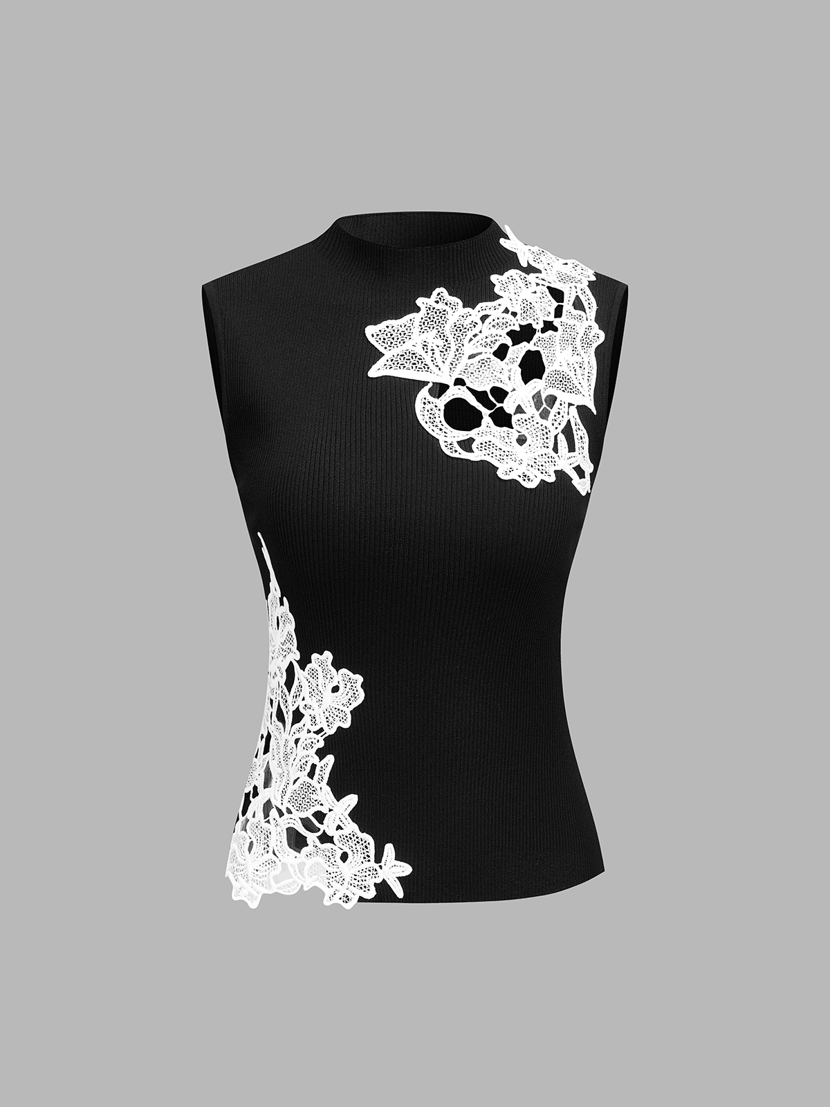 Mock Neck Lace Embroidered Sleeveless Top for Women Casual Elegance