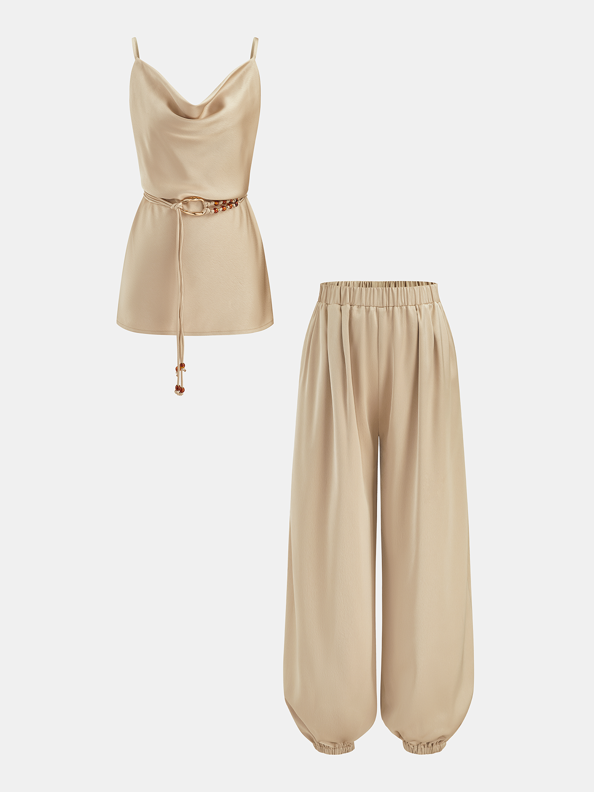 Cowl Neck Cami Top & Elastic Waist Pants Set for Women Comfort Fit