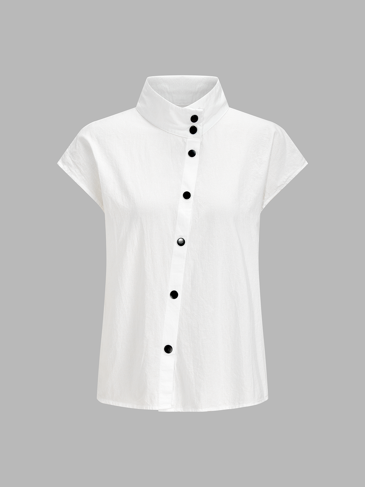 Cotton Blend Stand Collar Cap Sleeve Blouse for Women, Casual Summer Top