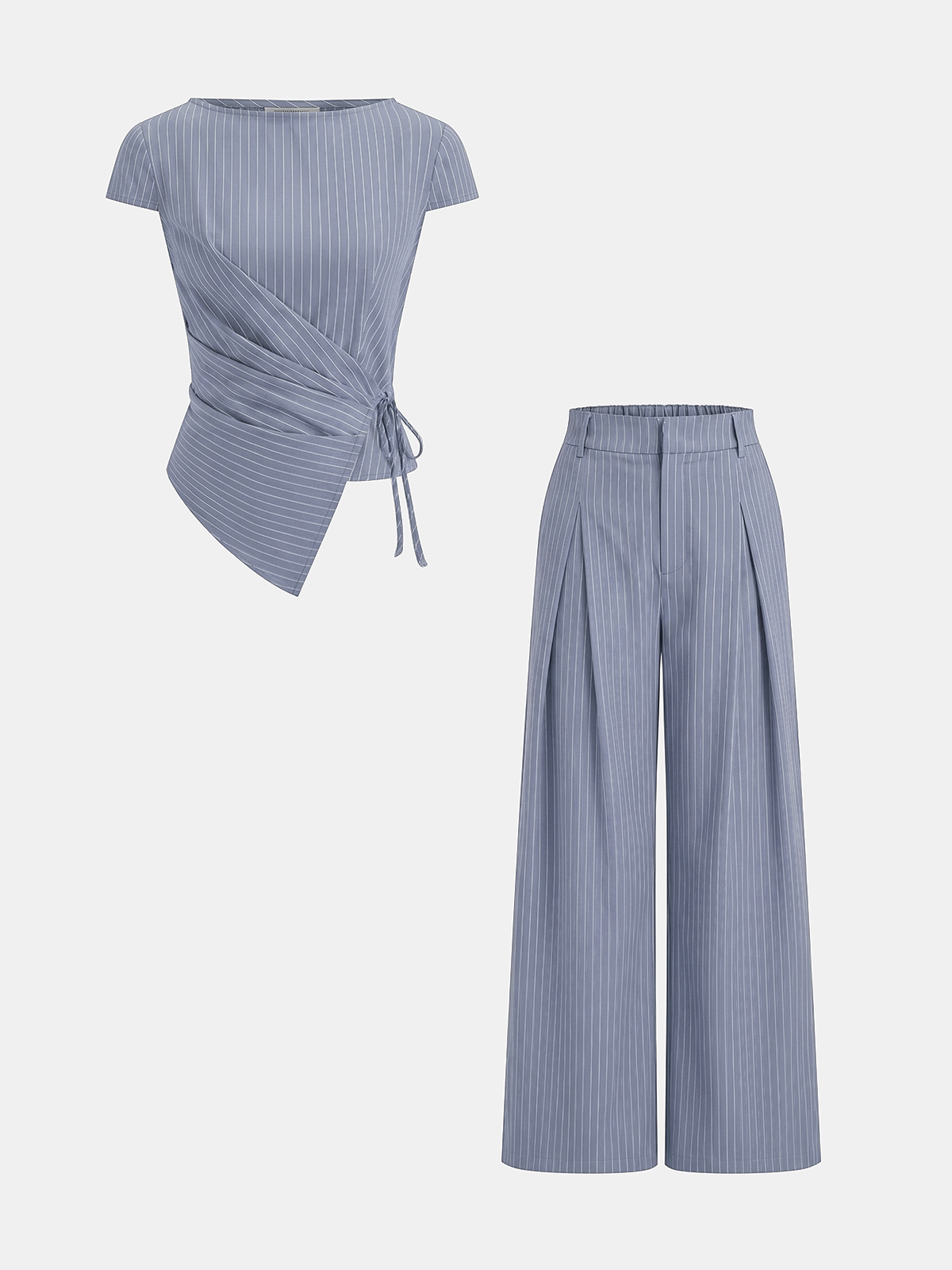 Pinstripe Wrap Tie Top & Wide-Leg Pants Set for Women in Classic Style