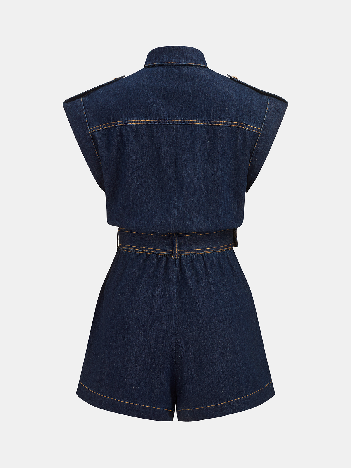 Belted Epaulet Denim Sleeveless Romper with Front Pockets for Women