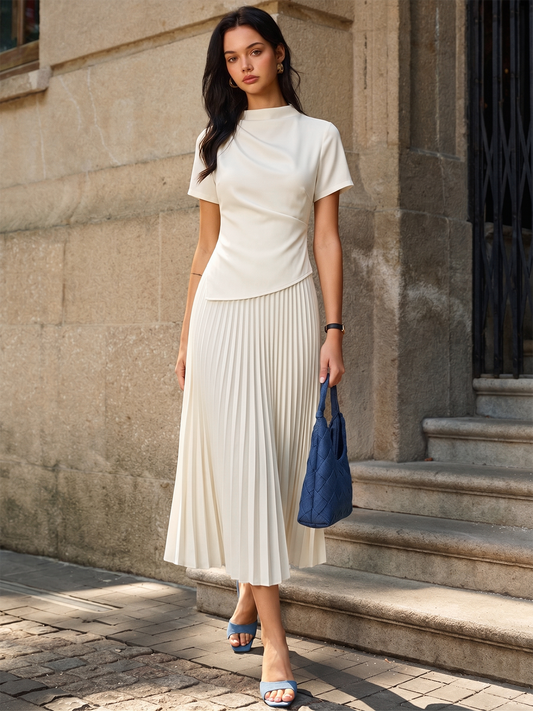 2 In 1 Short Sleeve Pleated Maxi Dress Casual Summer Style