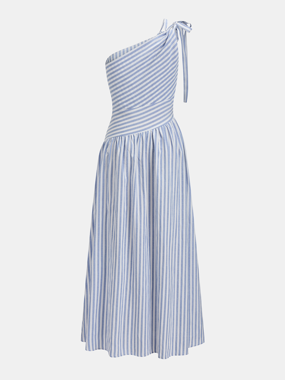 One Shoulder Striped Cotton Blend Maxi Dress with Side Slits