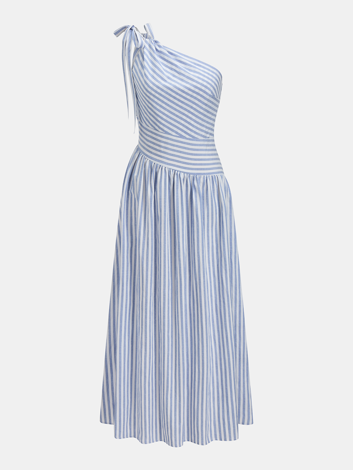 One Shoulder Striped Cotton Blend Maxi Dress with Side Slits