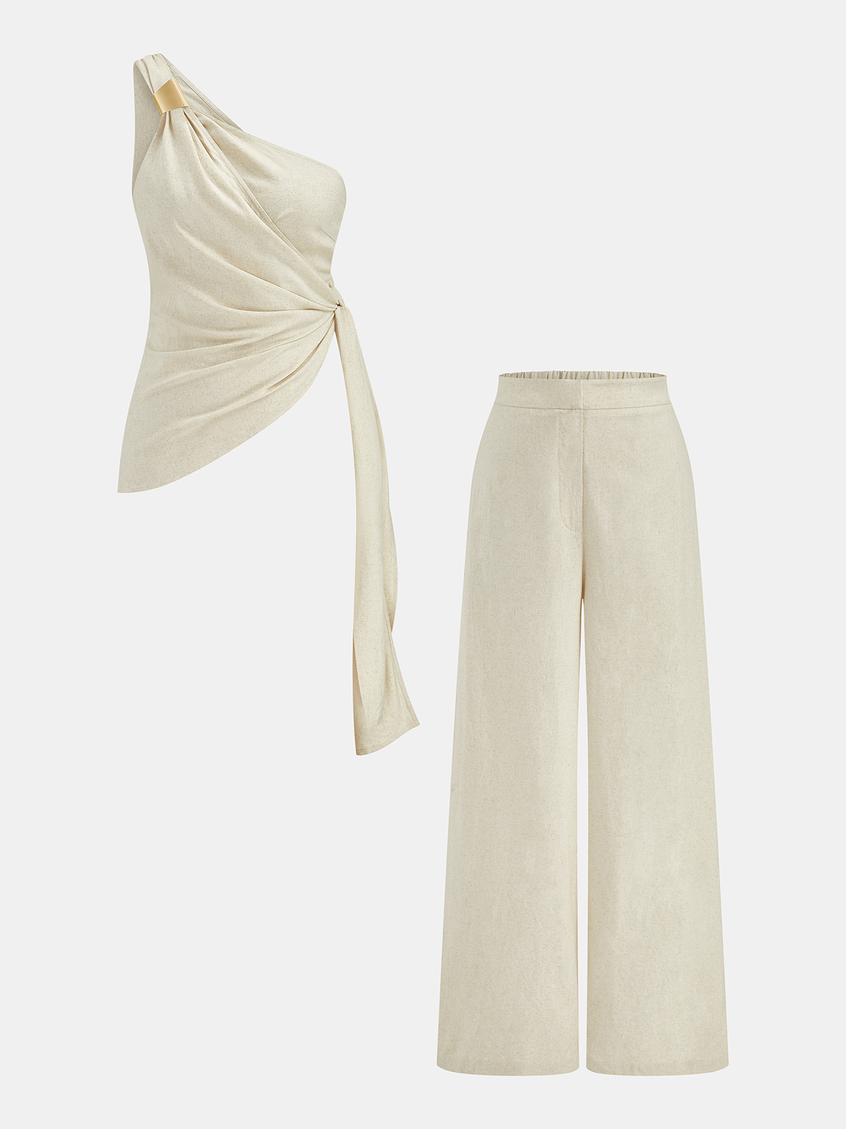 Linen Blend One Shoulder Top & Pants Set for Women Comfort Fit