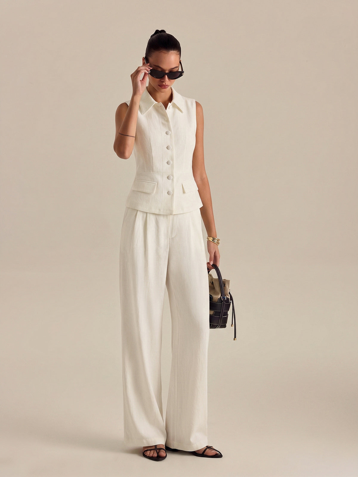 Collared Cotton Linen Vest & Pants Set for Casual Summer Wear