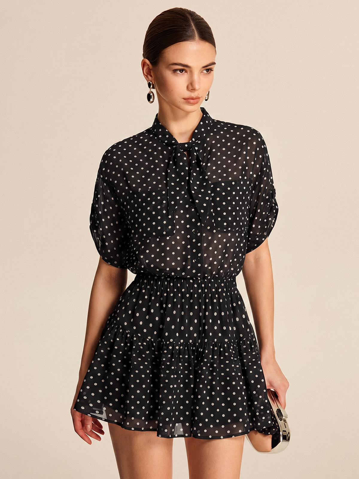 Polka Dot Sheer Shirt & Mini Skirt Set Trendy Women’s Ensemble