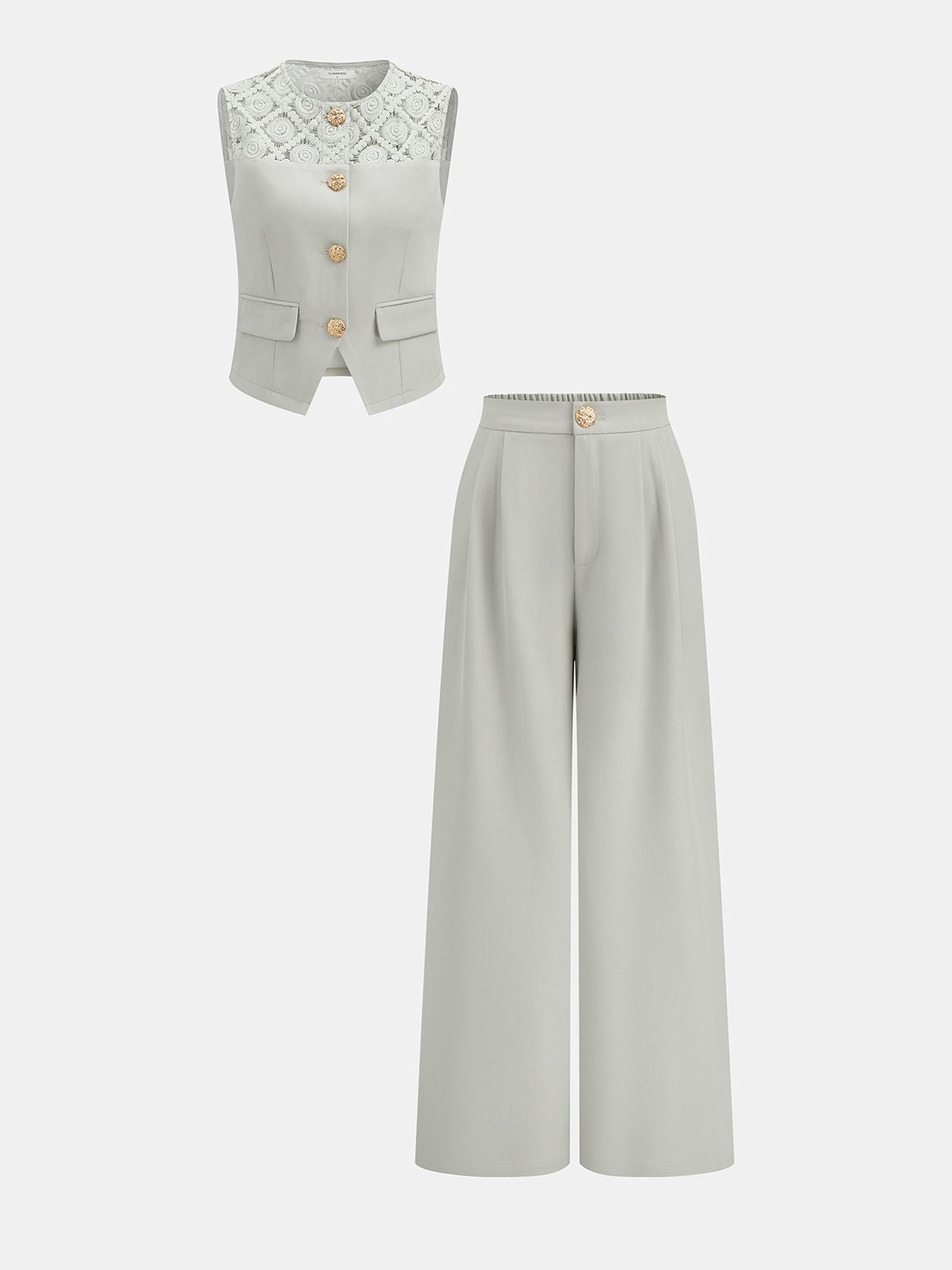 Lace Spliced Vest & Wide Leg Pants Set for Women Elegant Fashion