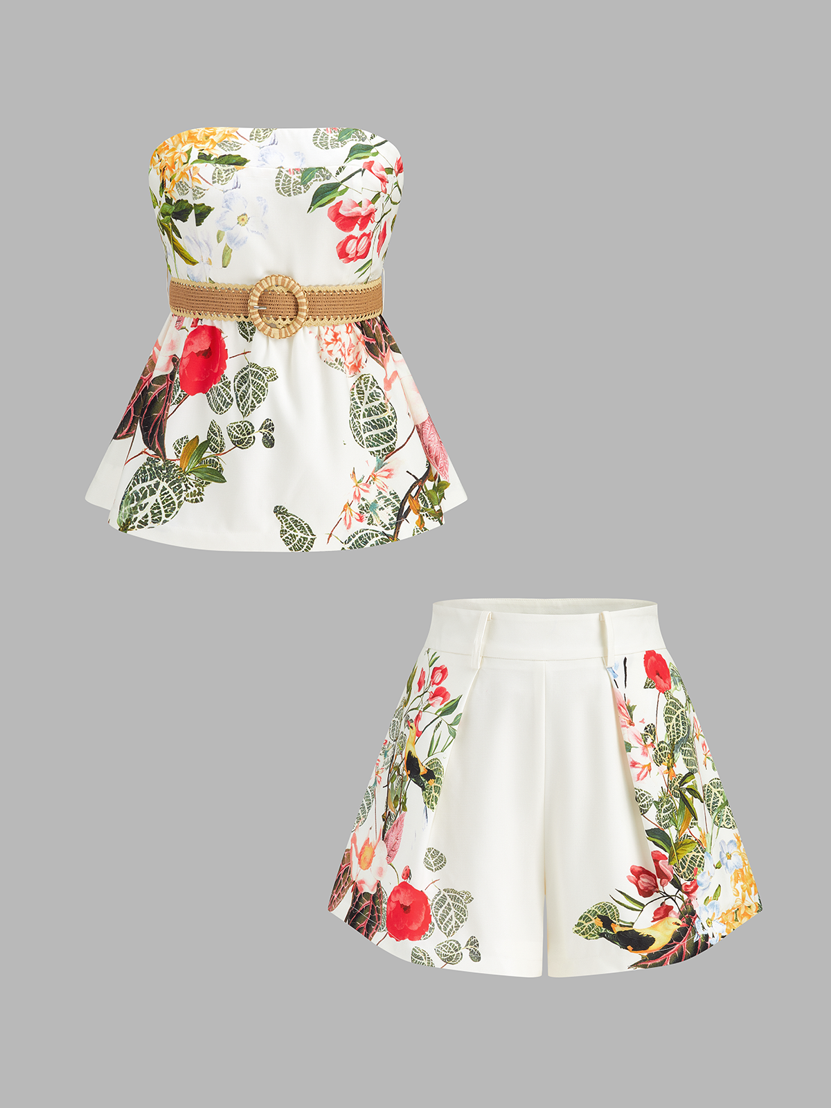 Floral Print Belted Strapless Top & Shorts Set for Summer Beachwear
